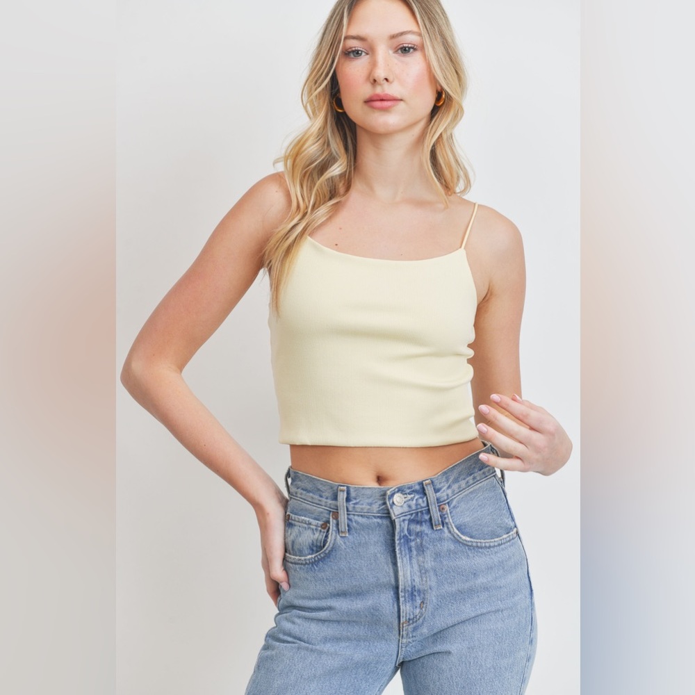 Round Neck Bungee Strap Rib Knit Tank Top - Butter